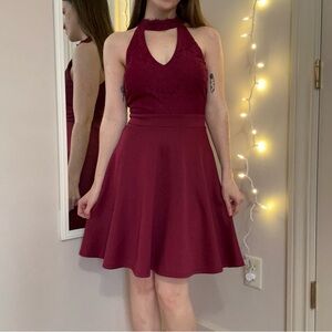 Burgundy High Neck Skater Dress